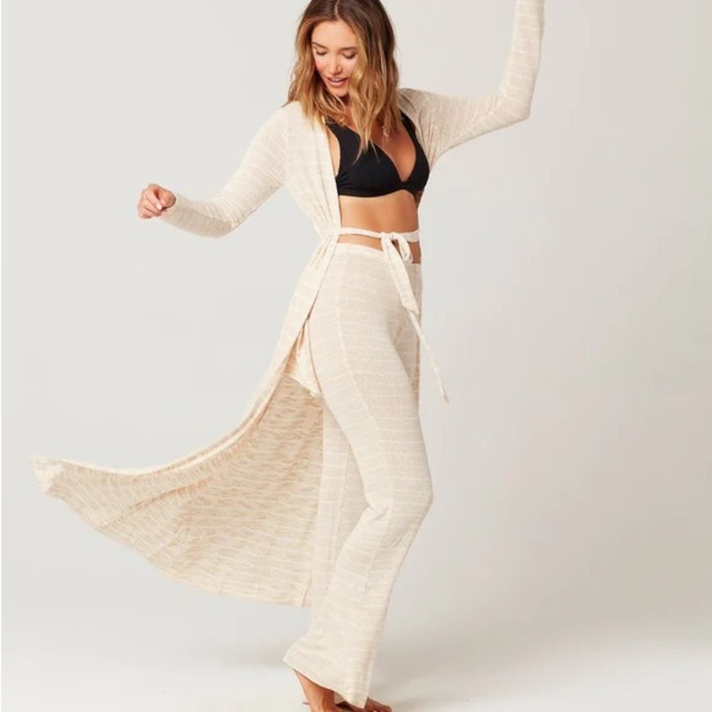 L*Space Nicks Duster Cardigan M/L Beige Stripe Beach Coverup Resort